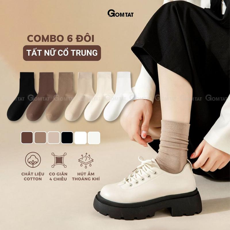 Combo 6 đôi tất nữ cổ cao GOMTAT sọc gân, vớ chân nữ trơn màu, mềm mịn thoáng khí - OAS-1703-CB6