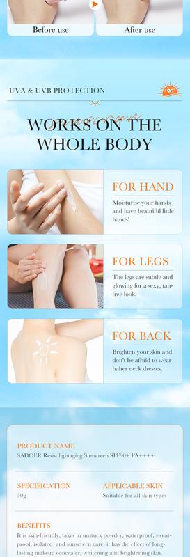Product Introduction of Sunscreen Anti-Light Old Repair Refreshing UV Protection Sunscreen Lotion Spf90 8