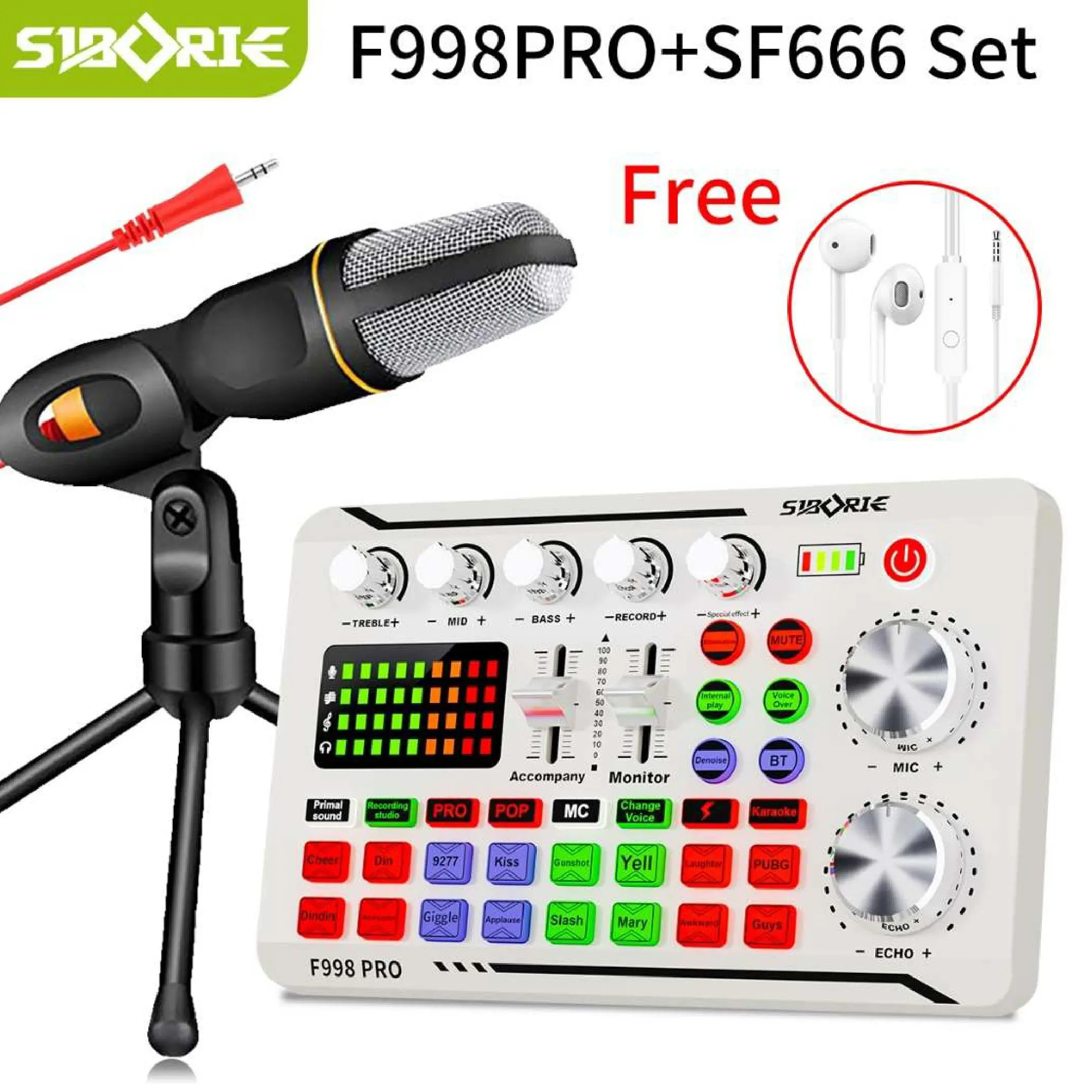 [SIBORIE] Bộ Mic Livestream Thu Âm SF666 Kết Hợp Souldcard F998, Tai Nghe, Phụ Kiện Dây Sạc, Giá Đỡ 3 Chân, Jack 3.5