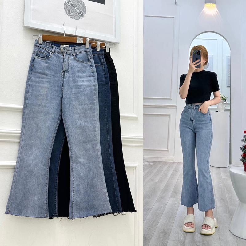 Quần jean ống loe 9 tấc cắt lai