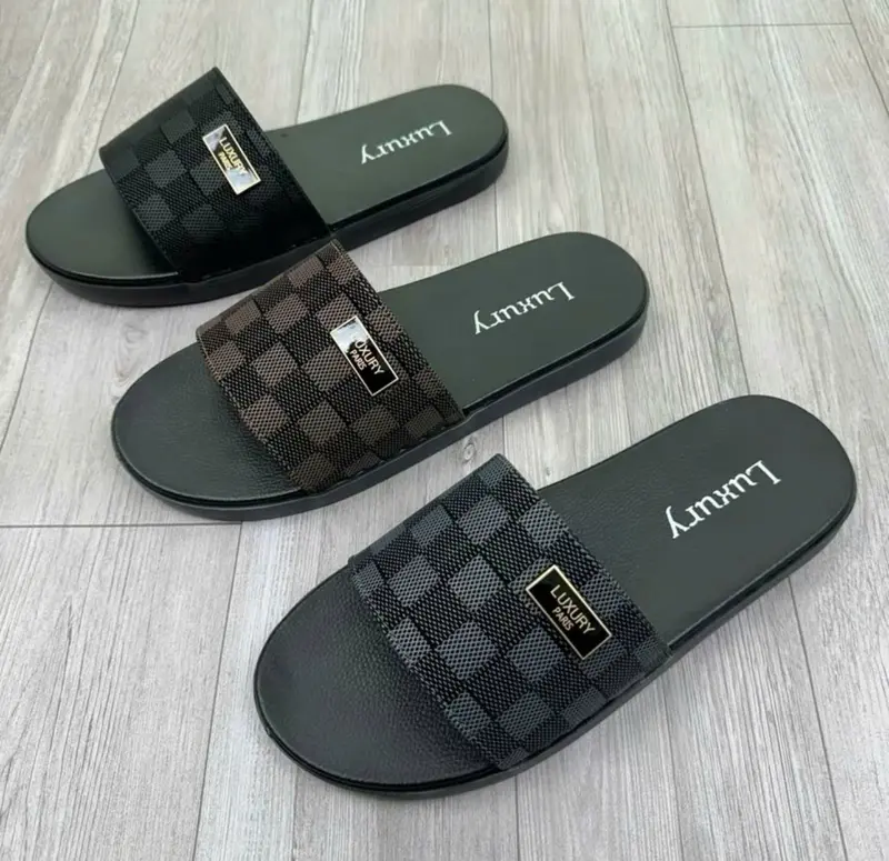 [ Khâu quai máy đế ] dép da nam quai ngang da sít sần logo luxury,đế cao su slipper 0