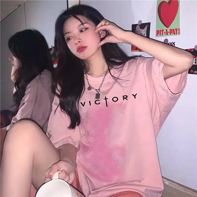 Áo thun nam nữ VICTORY màu Hồng tay lỡ, áo phông nam nữ đẹp
