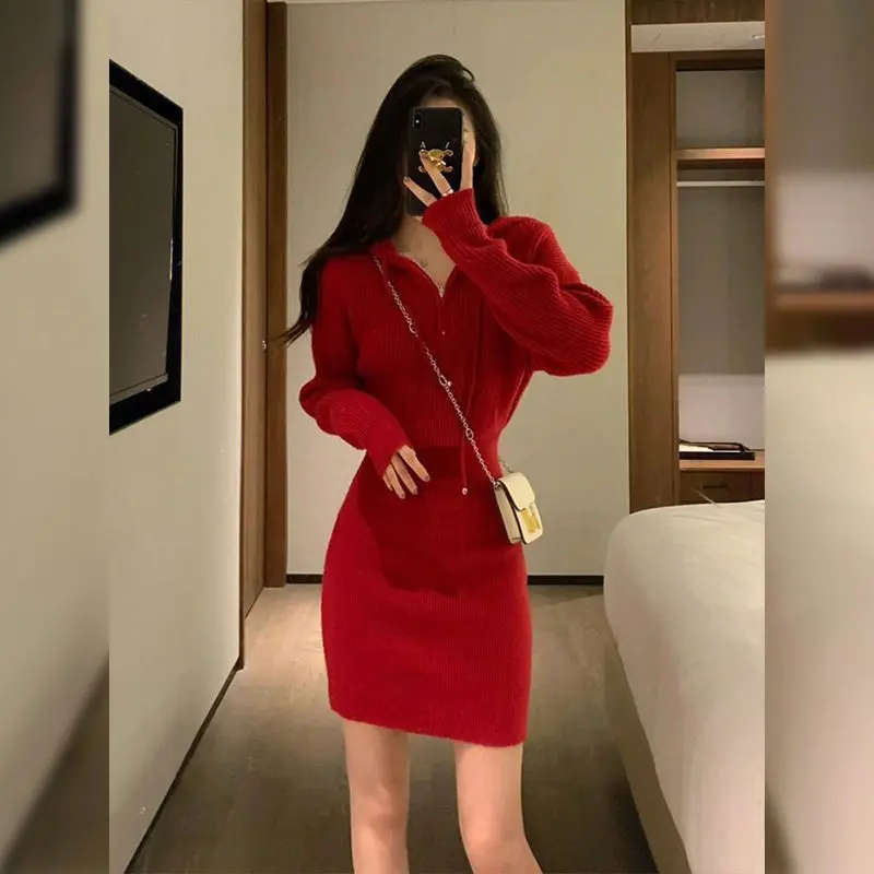 Váy Bodycon Có Mũ Màu Đỏ, Hàng Mới Về Năm Mới, Phong Cách Giáng Sinh Cao Cấp, Váy Dệt Kim, Dành Cho Nữ, Thích Hợp Cho Mùa Thu Và Mùa Đông, 2024 Dress Khuy 0