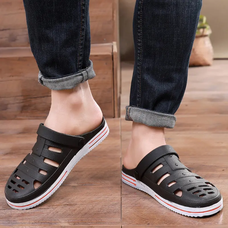 Men's Closed Toe Sandals Summer New Flat-Heeled Soft Bottom Non-Slip Wear-Resistant Hollow-out Outdoor Wading Two-Way Hole Shoes Fashion