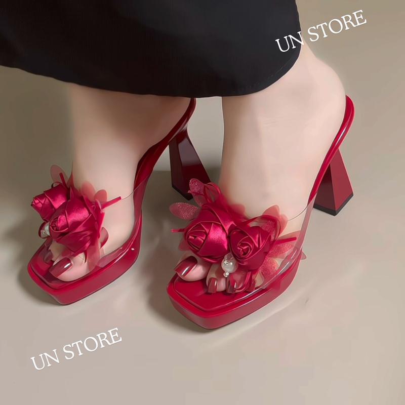 Giày cao gót nữ quai mica gắn hoa hồng cao 10 phân Un Store USD062