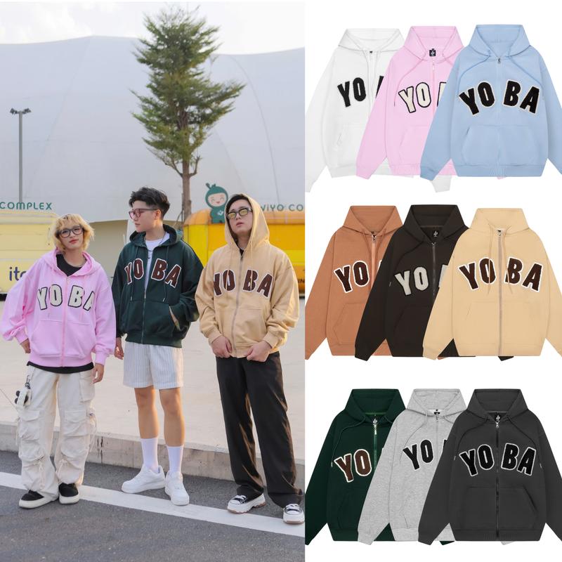 Hoodies zip boxy YOBA Thêu Xù Form 10 Màu- Áo Khoác Hoodie zip Nam Nữ 360GSM Dài Tay Streetwear. Menswear H13 Shirt, Voi Top Women Kem Có Cổ y2k