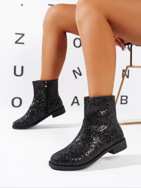 Women's Glitter Zipper Design Ankle Boots, Elegant Round Toe Chelsea Boots for Fall & Winter, Female All-match Trendy Shoes for Daily Wear Girl Footwear 1