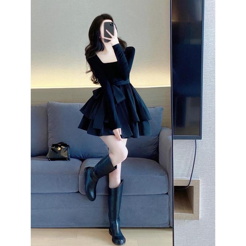  đầm đen dự tiệc nàng thơ prom hack dáng ngắn đầm tùng phồng đi biển dài tay thanh lịch 1303  