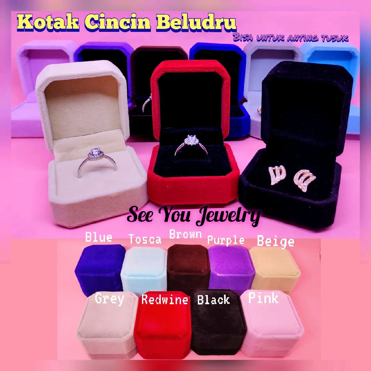 Kotak Cincin / Ring Box / Kotak Anting Beludru Lamaran Seserahan Pink Merah Hitam biru