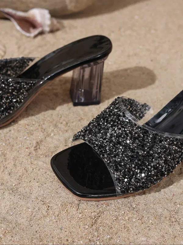 Women's Fashionable Glittering Chain Decorated Heeled Sandals, Elegant Square Toe Slip on Sandals for Summer, Lightweight Breathable Comfortable Shoes for Daily Wear, Girl 1
