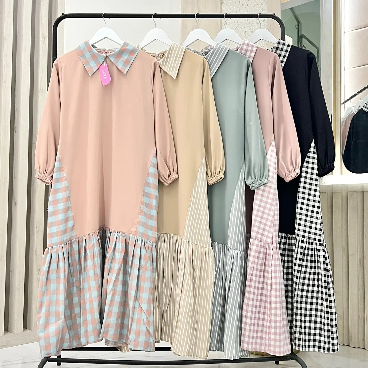 Rereyshop - New Midi Dress Katun Casual Wanita Kombinasi Kotak Nyaman Cream Simple Terusan