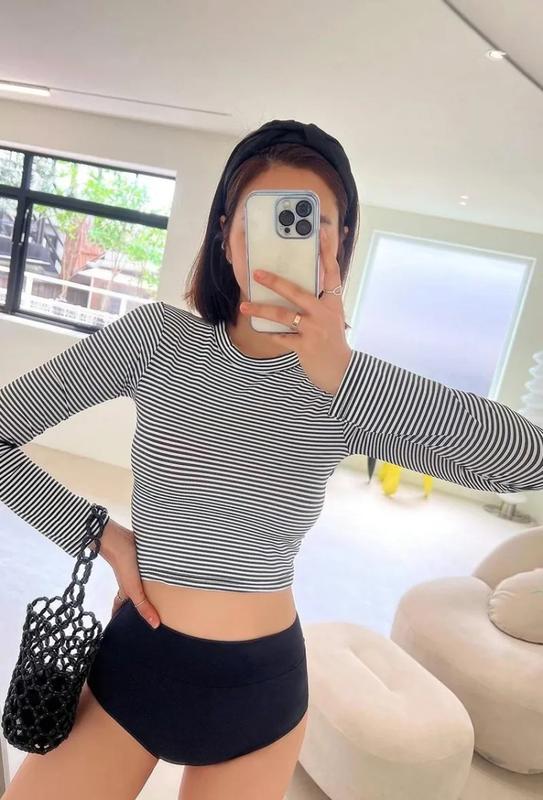 Product Introduction of Women's Swimsuit Long Sleeve Striped Sun Protection High Neck Short Midriff Outfit Comfortable Durable Foreign Trade Swimming Fitness Split Suit 5