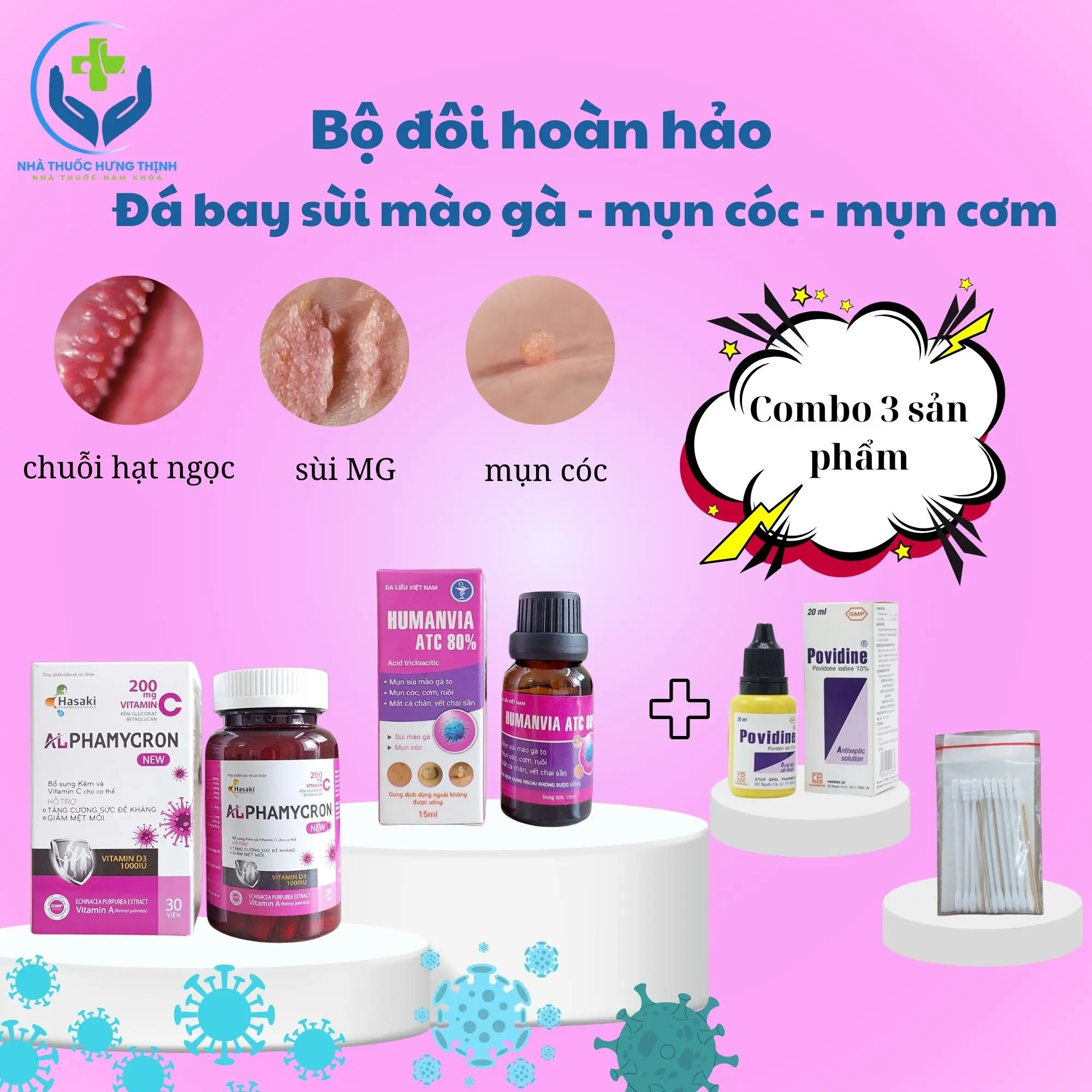 (COMBO 3 sản phẩm) 1 Lọ dung dịch chấm mụn Humanvia ATC 80% và 2 Lọ viên uống Alphamycron 30 viên