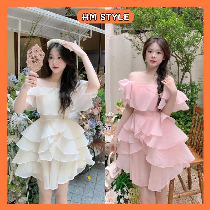 Đầm tiểu thư trễ vai xoè tầng phối dây buộc tôn eo váy bèo tầng sang chảnh chất tơ xốp HV246