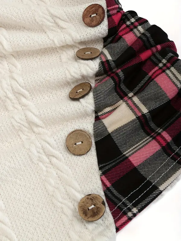 Women's Plaid Print 2 In 1 Ruched Fake Buttons Hoodie, Casual Textured Long Sleeve Hooded Sweatshirt for Fall & Winter, Women's Clothing for Daily Wear 5