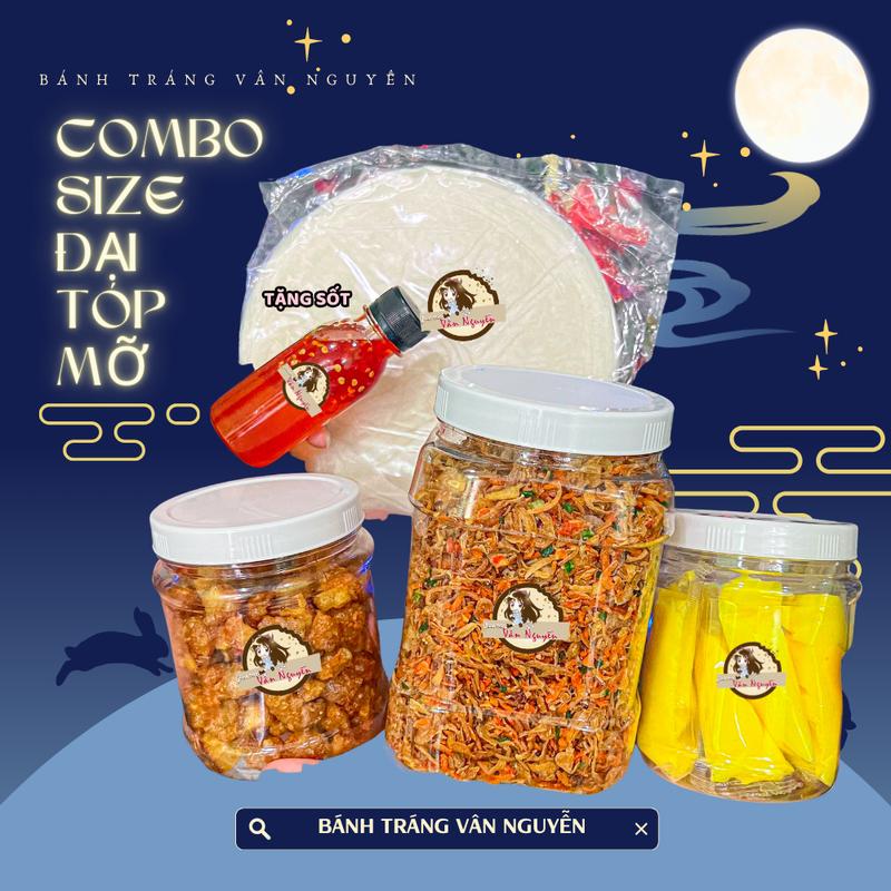 Combo SIZE ĐẠI TÓP MỠ TẶNG SỐT bánh tráng phơi sương 500gr,tóp mỡ 250gr muối tép hành phi 500gr bơ 300gr. Bánh Tráng Vân Nguyễn Ăn Vặt Snack Food