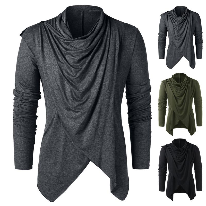 Áo Sơ Mi Cổ Điển Dài Tay Cho Nam, Áo Cardigan Bất Đối Xứng Màu Trơn, Cổ Khăn Choàng Ấm Áp, Thoáng Khí Thời Trung Cổ, Áo Mùa Thu Để Mặc Hàng Ngày