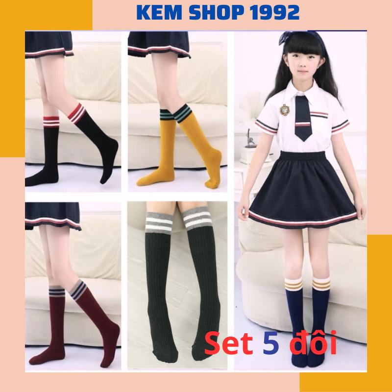 Set 5 Đôi Tất Cao Cổ Cho Bé Gái, Phong Cách Hàn Quốc Vớ Cao Ngang Đầu Gối, Chất Liệu Mềm Co Giãn Từ 3 Đến 9 Tuổi