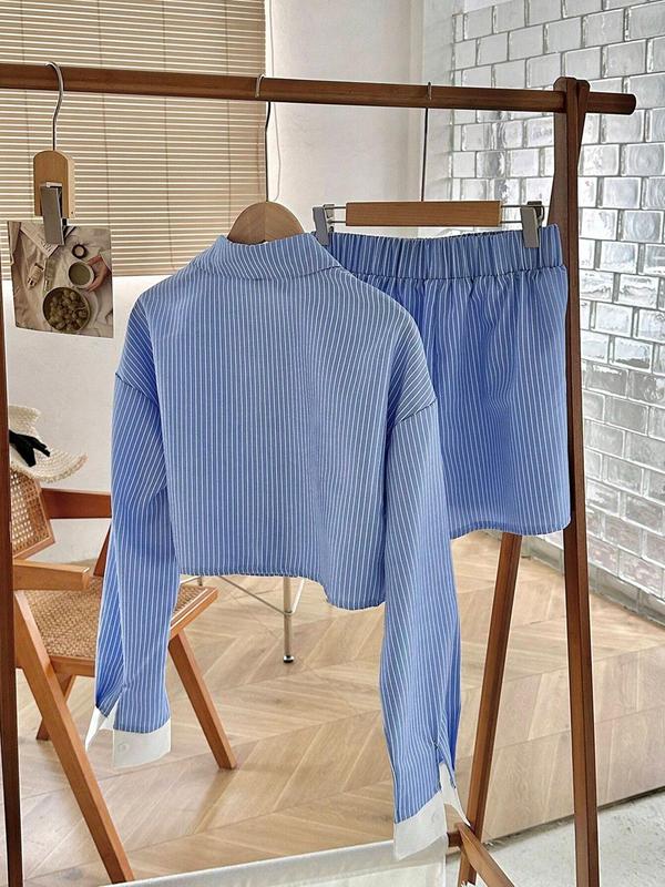 Women's Striped Print Button Front Shirt & Shorts Two-piece Set, Casual Long Sleeve Collared Top & Shorts for Spring & Fall, Ladies Clothes for Daily Wear, Womenswear, Outfit