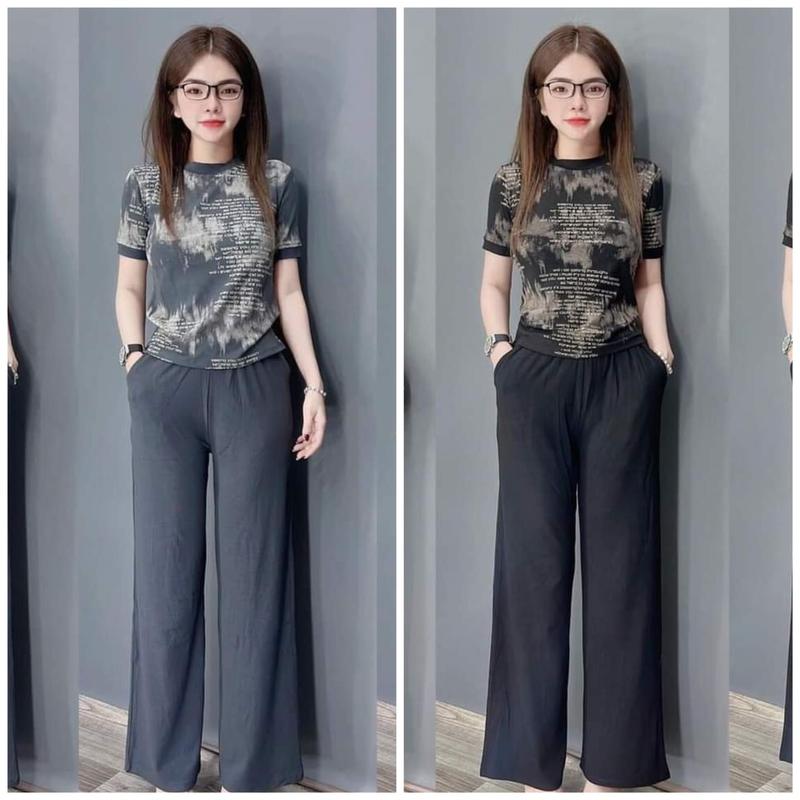 Set Bộ Nữ Ống Rộng Thun Gân Tăm Lạnh Mix Áo Form Suông Top Đen Ong Women Đỏ