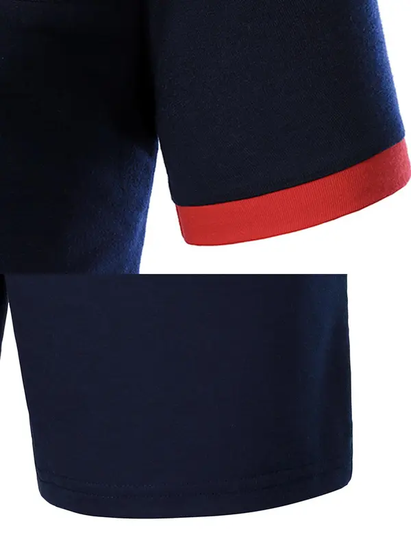 Two-Piece Set Men's Patchwork Short Sleeve Polo Shirt & Shorts, Regular Fit Casual Fashion Cozy Breathable Top & Shorts for Daily Outdoor Wear, Men's Clothing for Summer 8