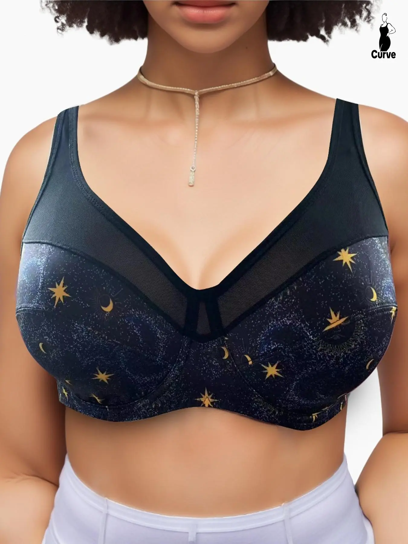 【Plus Size】 Galaxy/letter Print Push Up Bra, Casual Contrast Mesh Sheer Underwire Lingerie Top, Women's Underwear for Daily Wear, Bras Women