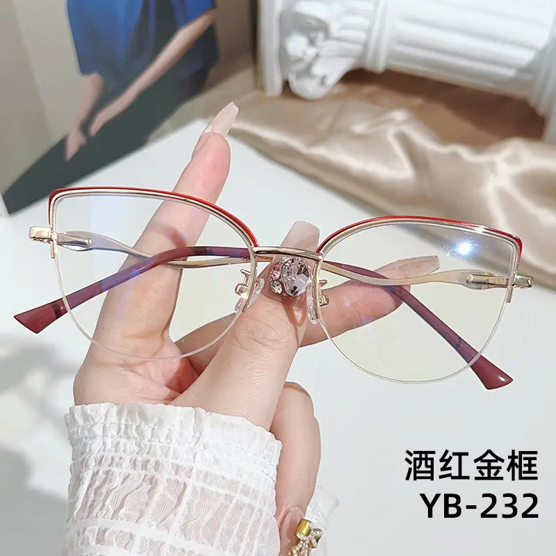 Vintage Metal Round Eyebrow Frame Ultra-light Cat Eye Myopia Glasses Fashionable Internet Celebrity Style Anti-blue Light Half-frame Glasses 7
