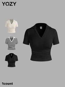 YOZY Women's Solid / Striped Print Tee, Casual Classy Elegant Short Sleeve T-shirt for Daily Wear, Ladies Clothes for All Seasons