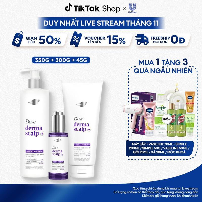 4 Bộ Gội - Xả - Serum Giảm rụng & Giúp tóc Phồng dày Dove Derma Hairfall Mới 350G 300G 45ML*