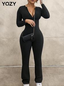 YOZY Zipper Back Flare Leg Jumpsuit, Casual Comfy Solid Long Sleeve Round Neck Bell Bottom Jumpsuit, 2024 Women's Daily Wear for Spring & Autumn