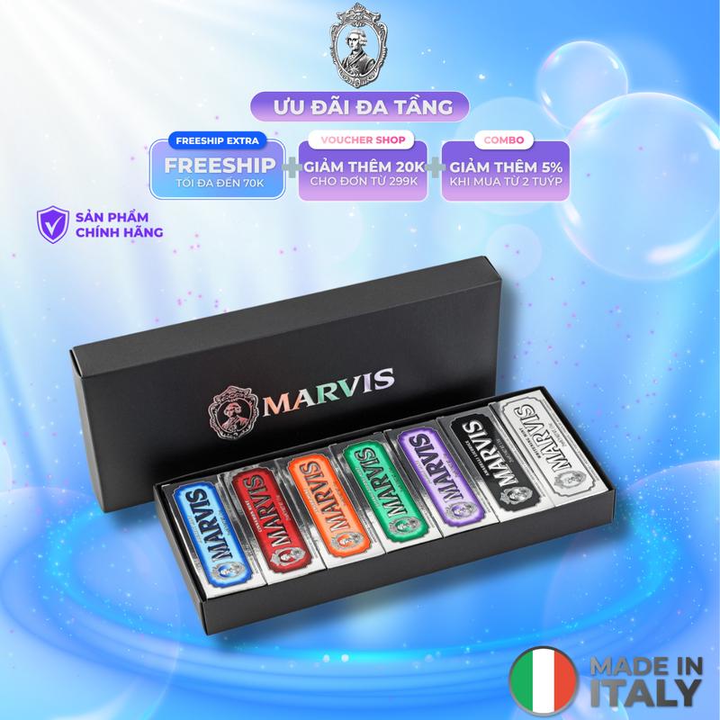 Set 7 Tuýp Kem Đánh Răng Marvis Mini Classic Tuýp 25ml - 7 Mùi Vị Tươi Mát, Mang Đến Cho Bạn Cảm Giác Sảng Khoái, Lấy Đi Mảng Bám, Chắc Nướu Khỏe Răng