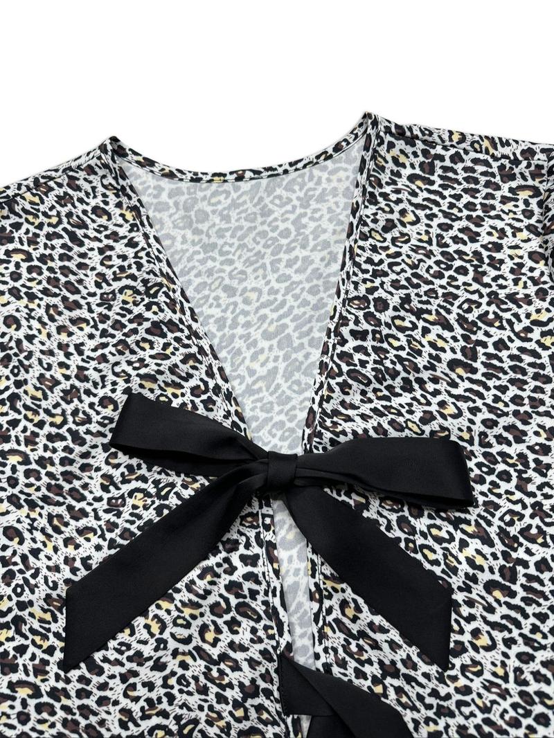 Product Introduction of Women's Leopard Print Tie Front Blouse, Classy Casual Long Sleeve Bow Decor Top for Fall & Winter, Women's Clothes for Daily Wear Valentine's Day, gift 4