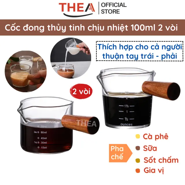 Cốc ly thủy tinh đong 100ml mini chịu nhiệt chia vạch 75ml pha chế cà phê, sữa, sốt chấm có tay cầm gỗ đàn hương -THEA