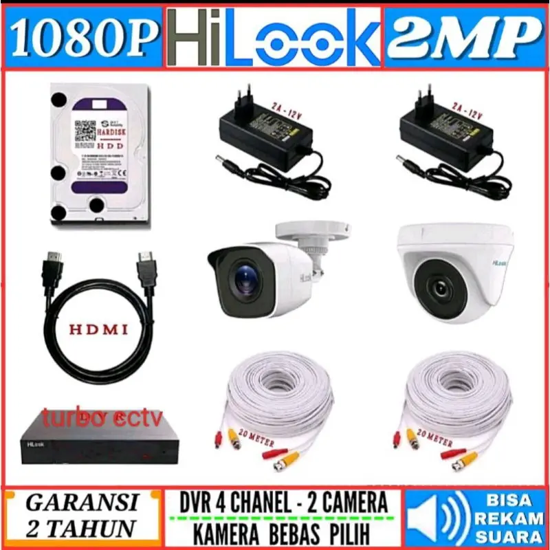 PAKET CCTV  2 KAMERA  HILOOK AUDIO  KOMPLIT  - 2MP  TURBO HD 1080P