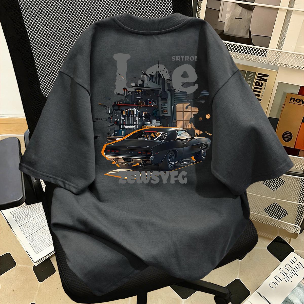 100% Katun Gaya Pakaian Kerja Retro Amerika, Kaos Lengan Pendek Motif Mobil Otot Retro, Garasi, Longgar, Kasual, Kerah Bulat, Unisex