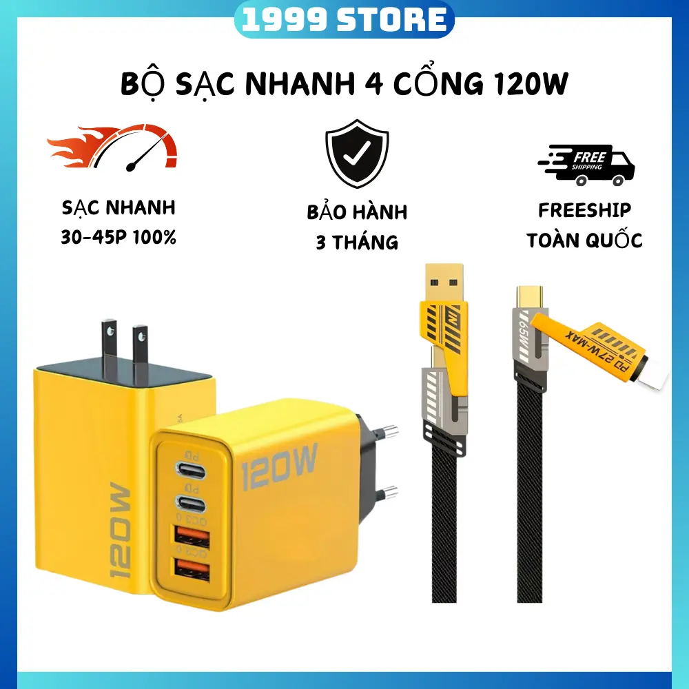 BỘ SẠC NHANH 4 CỔNG 120W, 2 USB, 2 TYPEC SẠC ĐA NĂNG NHIỀU ĐIỆN THOẠI, BẢO HÀNH 3 THÁNG