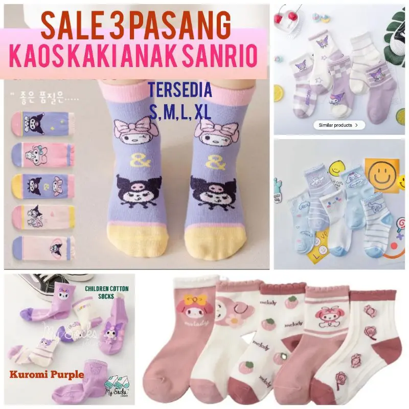 kaos kaki anak perempuan sampai remaja sanrio kuromi melody hello kitty cinnamoroll minnie