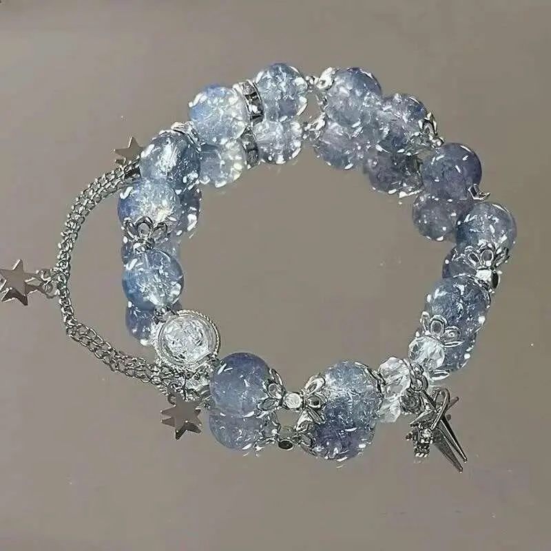 Niche Design Star Chain Tassel for Women sy Blue Crystal Beads Elastic Rope Bracelet Best Friend Jewelry Gifts