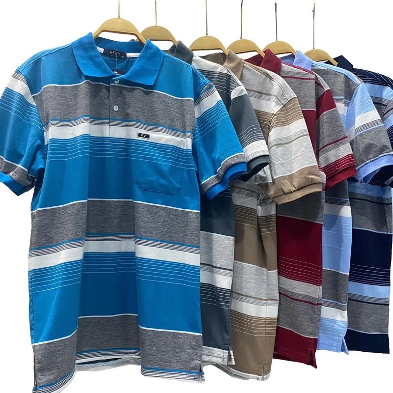 HV Áo thun nam trung niên polo cotton form rộng sọc ngang vi tính đẹp có túi lai xẻ 50-82kg
