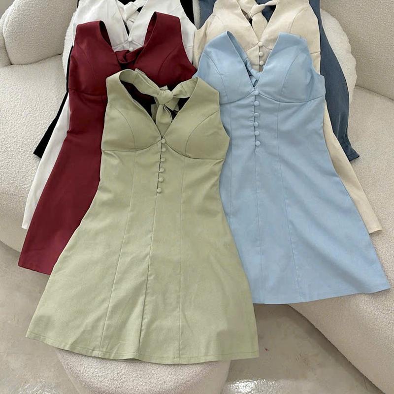 Đầm cổ yếm nút bọc, YEONG DRESS 2,  form xòe chất linen, CÓ MÚT đây kéo khóa sau lưng size SML NỮ Women Kem