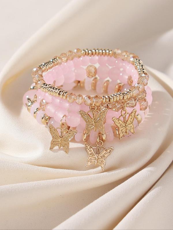 Fashionable Temperament Butterfly Charm Decor Beaded Bracelets, 4pcs/set Boho Style All-match Beaded Bracelet, Fashion Jewelry for Women & Girls 2