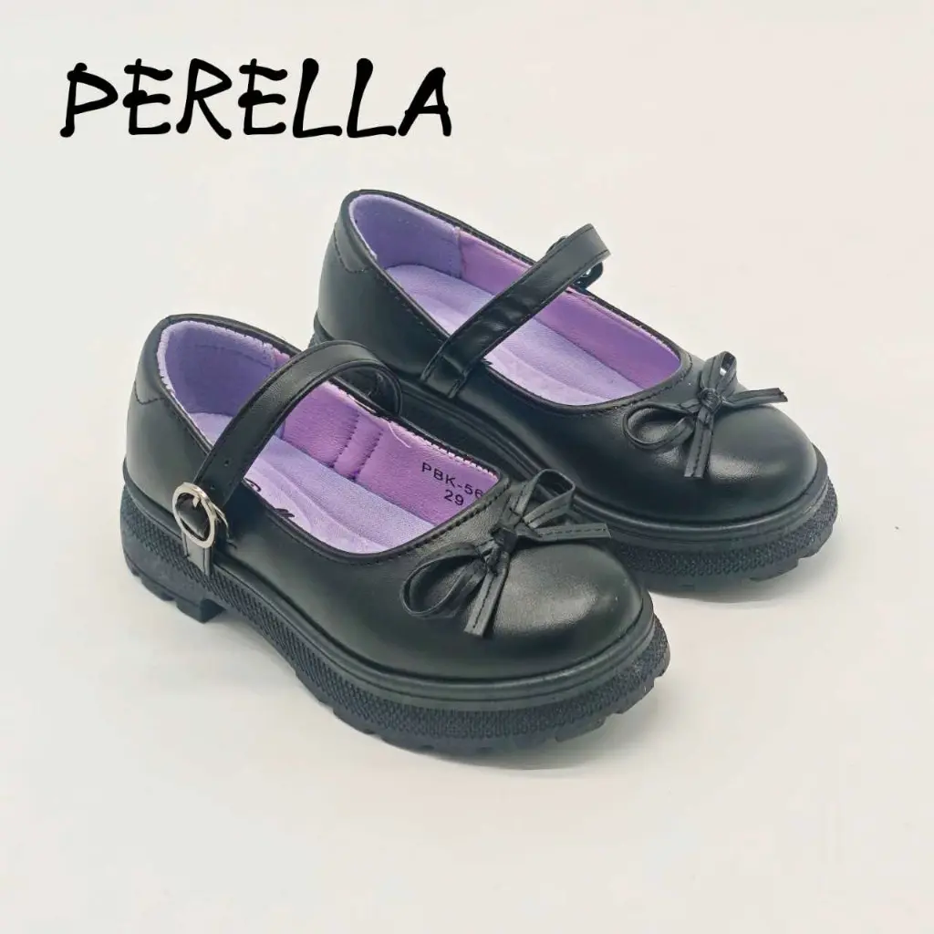 PERELLA Ribbon Leather Black Shoes For Girls School Formal Doll Shoes 3cm Heels
