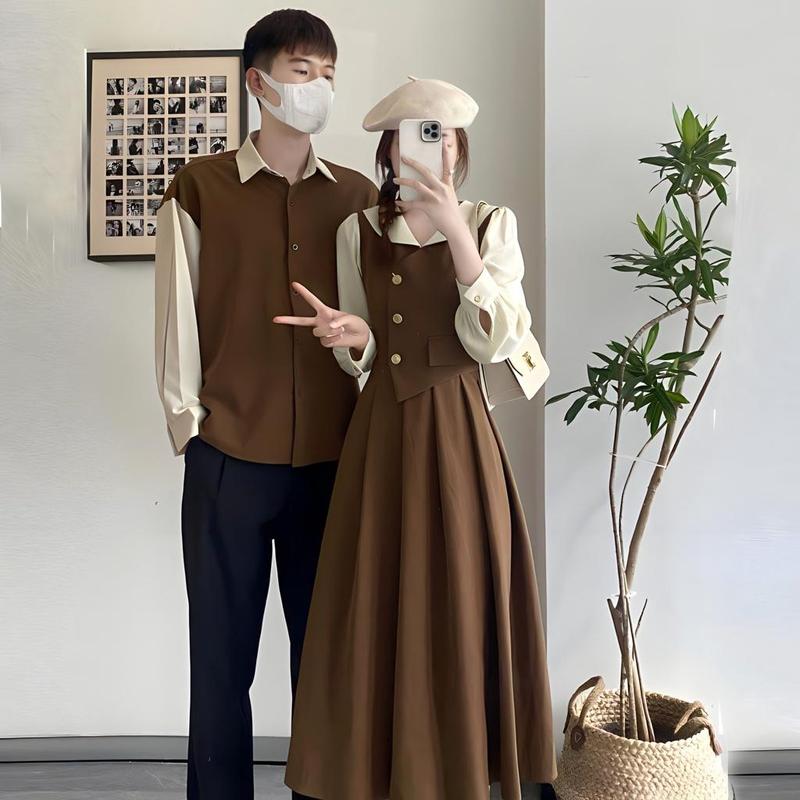 Đồ đôi màu Nâu mix kem phối nút Sơ Mi Nam và Váy Nữ chất liệu cotton thoáng mát size M L XL phù hợp chụp hình cưới du lịch