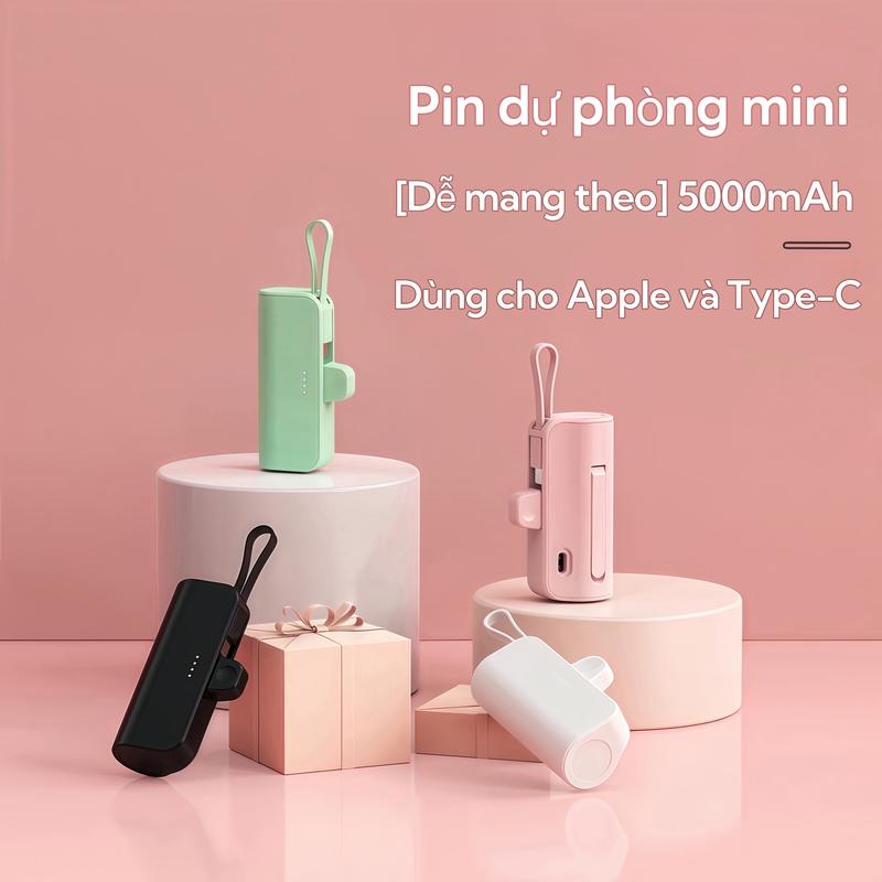 Sạc Dự Phòng Mini 5000mAh Tích Hợp Cáp Type-c & Lightning Pin Hiệu Suất Cao Cầm Tay Và Kích Thước Bỏ Túi sạc dự