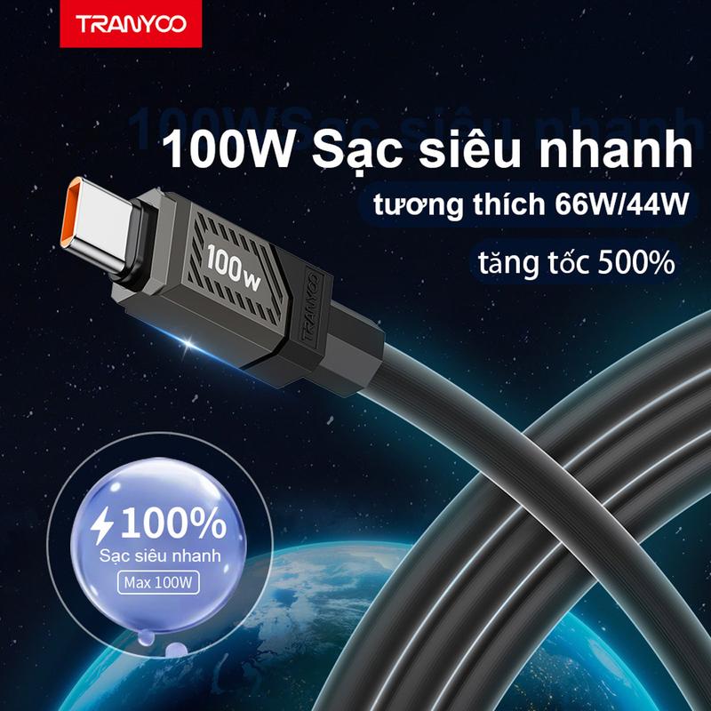 COD Dây sạc nhanh nhiệt độ thấp TRANYOO CC-2 Type-c PD100W cáp sạc nhanh type-c,bảo vệ dây sạc thân dây dày dặn chống cong vênh và chống bụi không nứt cao 1,2M truyền tốc độ miễn phí vận chuyển Phụ Kiện Phone Giao hàng từ TP.HCM Sạc Điện Thoại Usb