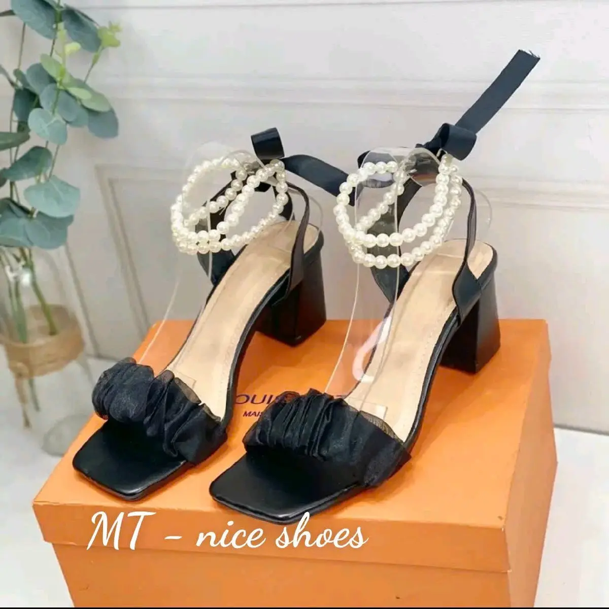 008 Giầy cao gót 5 phân quai voan kết hợp dây nơ thời trang nữ DéP Shoes