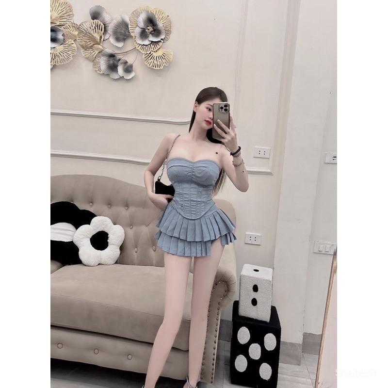 Set Áo Cúp ngực , Mix chân váy xoè xếp Ly , điểm nhấn gợi cảm .....size 40-53kg eo <75cm Nữ Women Voi Kem Top sét  váy
