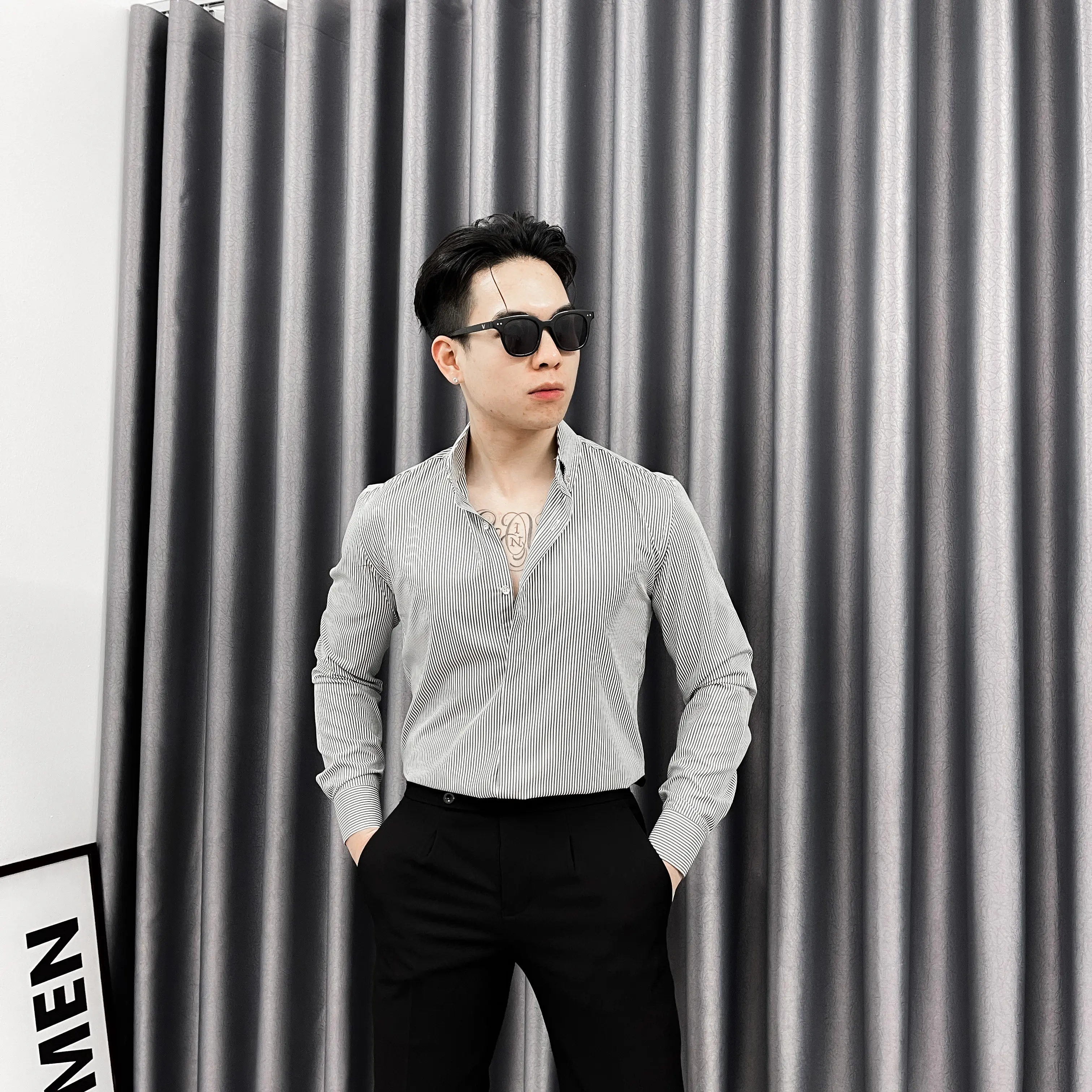 Sơ mi thiết kế kẻ đen EZMEN cao cấp