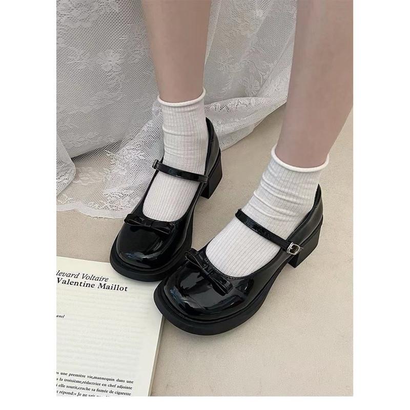 Giày Tiểu Thư Nữ Lolita Đế Vuông Cao 5cm Phối Nơ Quai Ngang 2 Màu Đen Kem Da Bóng Dễ Thương LuxyShoes LX131