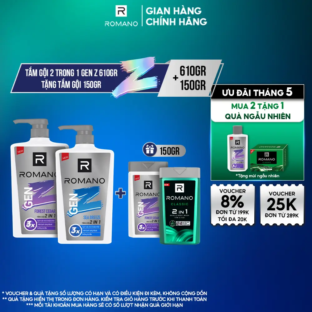 [MUA 1 ĐƯỢC 2] Tắm Gội Dưỡng Da Body cho nam Romano 2 trong 1 Gen Z Hương Forest Cedar/ Sea Breeze 610g + Tặng kèm Tắm gội 150G (ngẫu nhiên)